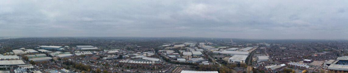 Panoramic Birmingham Perry Barr Central City. It is a major city in England, West Midlands Region of United Kingdom. Drone's Camera Footage During Mostly Cloudy Early Morning on November 4th, 2024