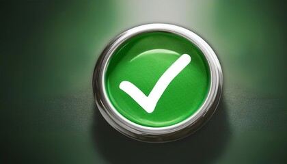 A glossy green button with a checkmark symbol, indicating approval or confirmation on a digital interface, set against a blurred green background.