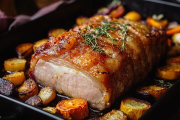 Roast pork belly with crispy crackling served alongside roasted vegetables for a gourmet dining experience