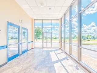 Fototapeta premium Bright, spacious entryway with large windows and natural light.