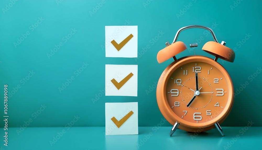 Poster a vibrant orange alarm clock beside checklist notes with checkmarks on a teal background, symbolizin