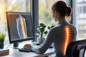 A woman using a computer, showcasing a digital spinal alignment analysis for better posture and health awareness.