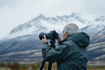 Obraz premium An elderly man captures stunning landscapes with his camera against a backdrop of majestic snow-capped mountains.