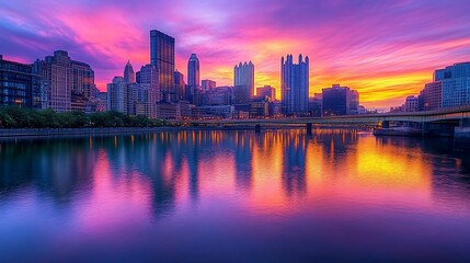 Obraz premium A vibrant sunrise casts a colorful glow over the cityscape as the sun rises behind the skyscrapers. The city skyline is reflected in the calm waters of the river.
