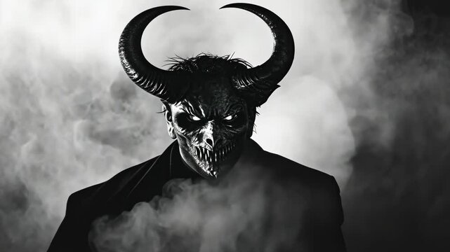 A person wearing a devil mask stands in a cloud of smoke