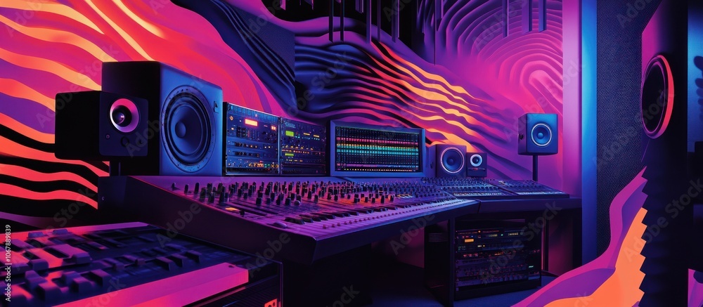 Poster a music studio with a mixing desk and speakers in a neon-lit room with abstract patterns on the wall