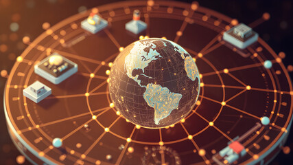 Naklejka premium earth, globe, world, map, planet, global, technology, radar, internet, network, business, illustration, communication, screen, 3d, sphere, concept, space, web, design, digital, data, circle, blue, com