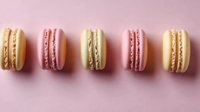 Four macarons are arranged in a row on a pink background