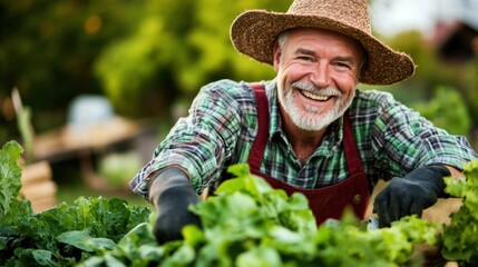 Happy Farmer Harvesting Fresh Organic Greens