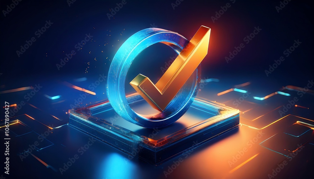 Poster a glowing checkbox icon in blue and orange hues, representing approval and digital validation agains