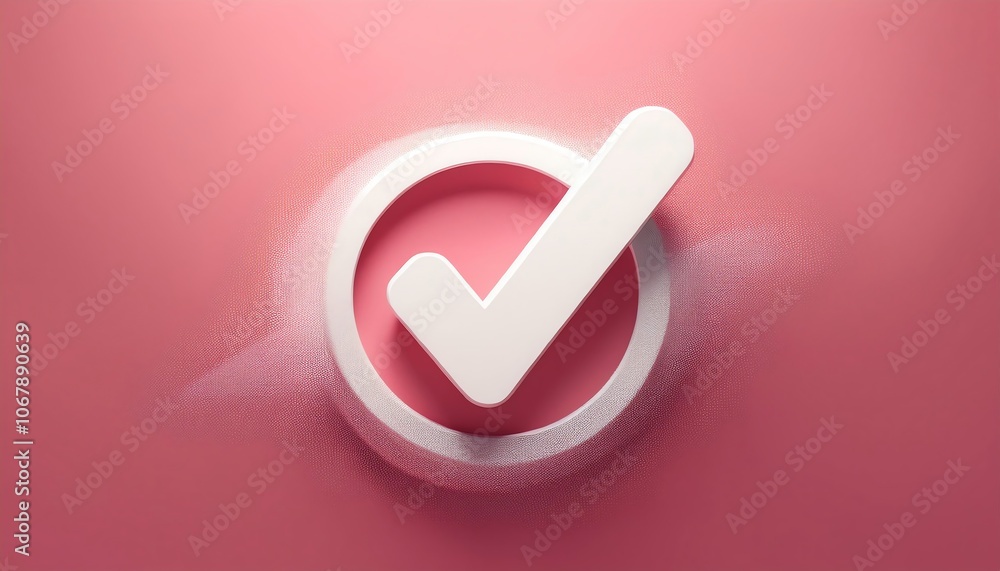 Poster a minimalist checkmark symbol on a pink background, emphasizing success or completion with a soft, p