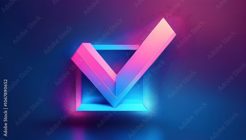 Poster a vibrant, stylized checkmark emerging from a box, set against a colorful gradient background, symbo
