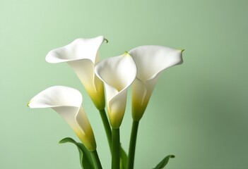 Elegant Floral Still Life: White Calla Lilies, Sage Green Background, Professional Photography, Soft Lighting, Minimalist Composition, Four Blooms
