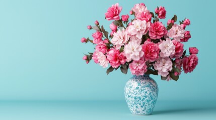 Fototapeta premium Pink White Flowers in Blue White Porcelain Vase on Blue Background