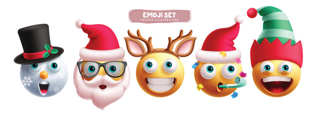 Christmas emoji characters vector set. Santa xmas emoticons with snowman, reindeer and elf characters in happy, funny, cute, excited and fun facial expression collection. Vector illustration 3d icon 