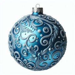 A blue Christmas ball, shiny and isolated white, perfect for holiday decoration and winter celebration