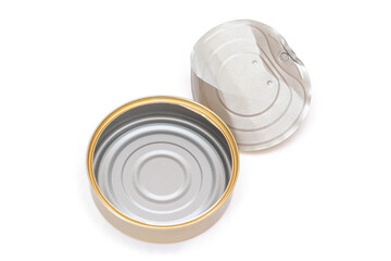 Opened Empty Tin Can With Broken Cover Isolated on White Background. Clean Used Aluminum Can - Isolation. Non-Degradable Inorganic Waste