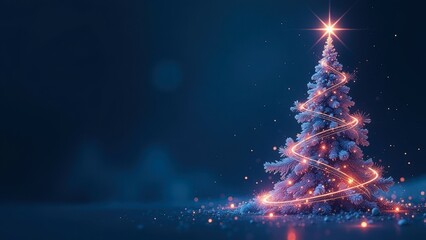 decorated with glowing spiral light and star Christmas tree in serene dark blue soft illuminated background, copy space. article header,social media and digital ads, coupon, template, winter sales.