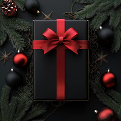 A beautifully wrapped black gift with a red bow, surrounded by festive decorations, including red and black ornaments and greenery.