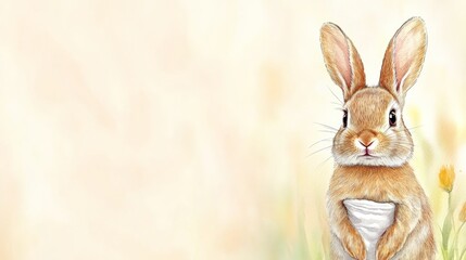 Obraz premium Watercolor drawing of a bunny in a tiny diaper. The animal is drawn in soft colors.copy space 