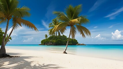 Idyllic tropical beach with white sand, crystal clear turquoise water, and swaying palm trees.
