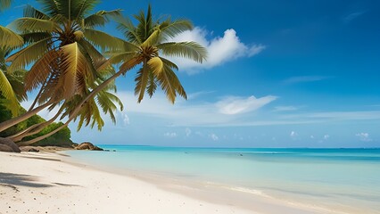 Fototapeta premium Idyllic tropical beach with palm trees, white sand and crystal clear turquoise water.