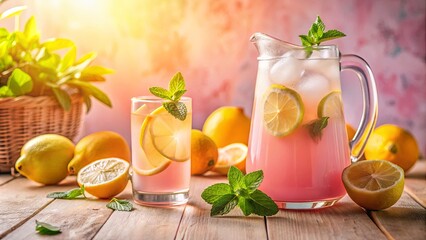 A refreshing pitcher and glass of pink lemonade with lemon slices and mint sprigs, bathed in warm sunlight on a wooden table