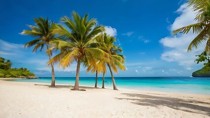 Obraz premium Tropical paradise with palm trees, white sand, and blue ocean.