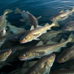 Obraz premium Cods or Gadus morhua and saithes Pollachius Virens fish in the Atlantic Sea Park in Alesund, Norway