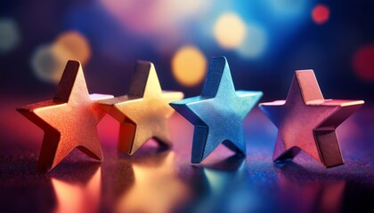 Obraz premium Colorful, glittery stars in vibrant hues, set against a softly blurred background of light, creating a festive, enchanting atmosphere.