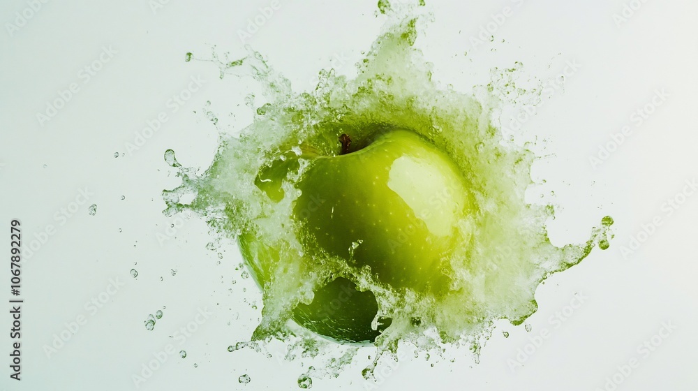 Poster a green apple explodes in a burst of green liquid, creating a dynamic and abstract image.