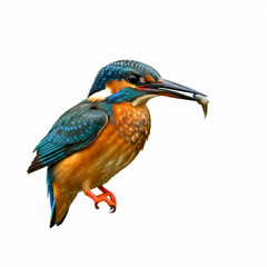 Obraz premium Common Eurasian or river kingfisher or Alcedo ispida has blue green upper parts, orange underparts and a long bill. It feeds mainly on fish, caught by diving isolated on white background