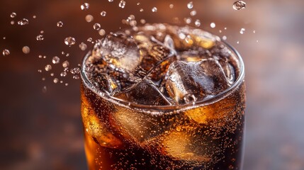 A close-up view of refreshing cola with ice cubes showcasing bubbles and fizz in a glass