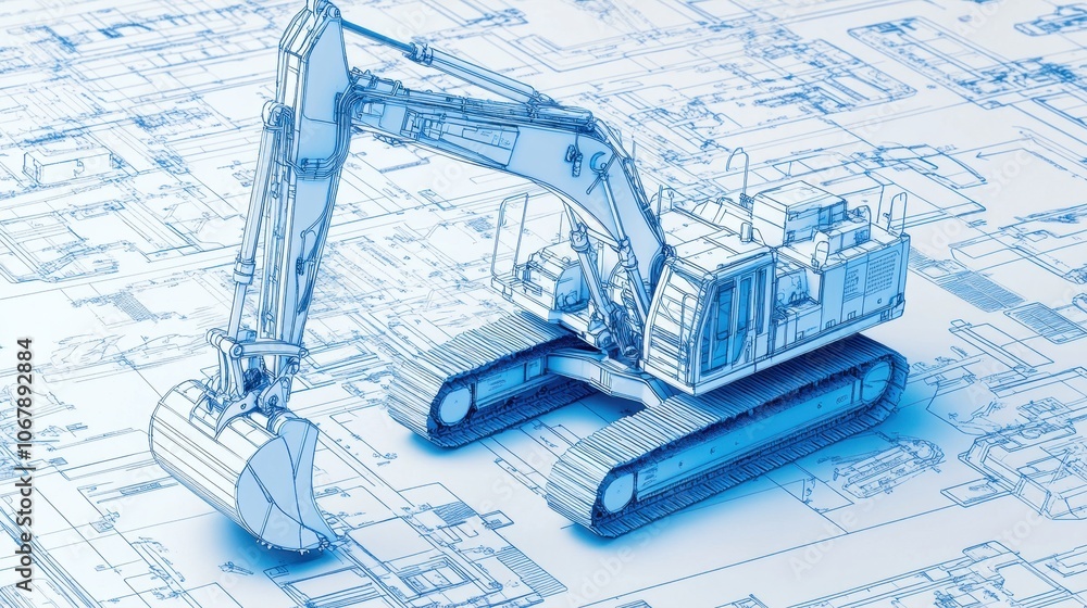 Aufkleber a high-angle view of a detailed excavator render, with a blueprint background illustrating the engin