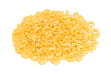 A Heap of Uncooked Chifferi Rigati Pasta Isolated on White Background. Fat and Unhealthy Food. Classic Dry Macaroni Texture. Italian Culture and Cuisine. Raw Pasta - Isolation