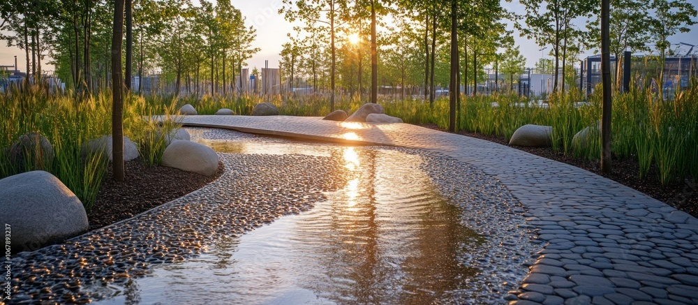 Poster a stone path winds through a grassy park with a small stream of water flowing through it. the sun is