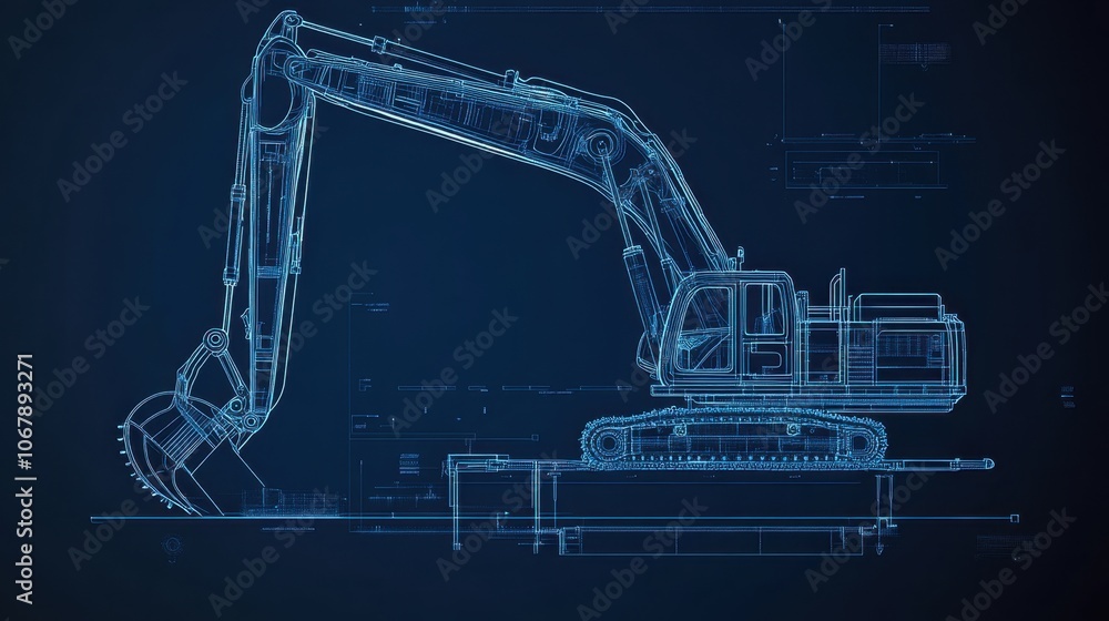 Poster a high-resolution image of an excavator with a detailed blueprint overlay, showcasing its technical 