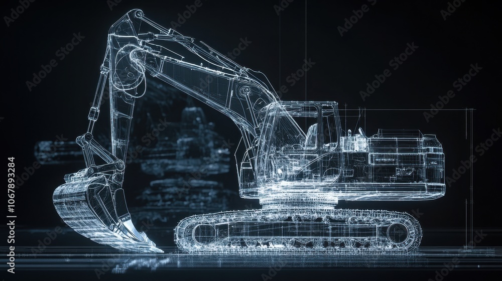 Poster a high-resolution image of an excavator with a detailed blueprint overlay, showcasing its technical 