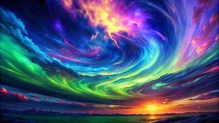 A symphony of celestial colors, a celestial canvas painted with vibrant hues, swirling and dancing across a tranquil landscape