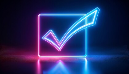 A glowing neon checkmark inside a square outline, set against a dark background, symbolizes approval and completion.