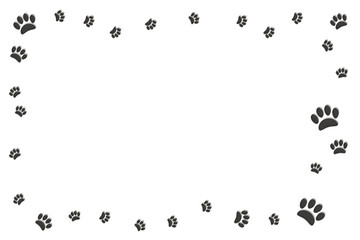 大きさの違うふっくらした動物の肉球の足跡のシルエットが点々と並ぶフレーム