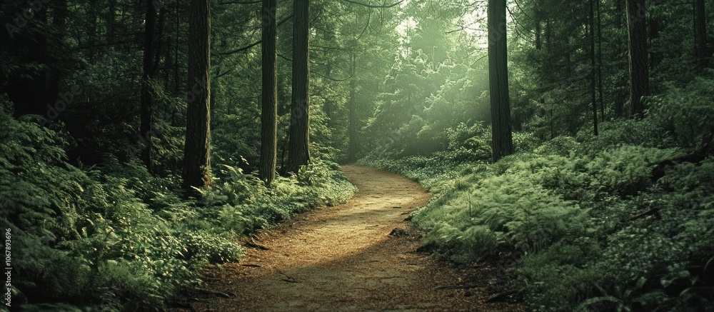 Aufkleber a winding path through a dense forest, sunlight dappling through the trees and casting a warm glow o