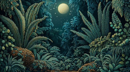 A serene moonlit forest scene with lush foliage and a glowing full moon in the night sky.