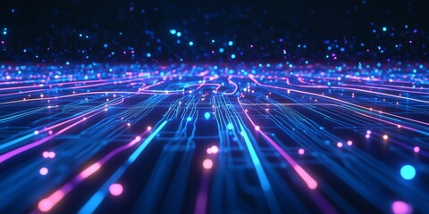 Thin circuit trace lines in glowing blue, creating a high-resolution tech background, emphasizing the intricate design of a futuristic digital network.