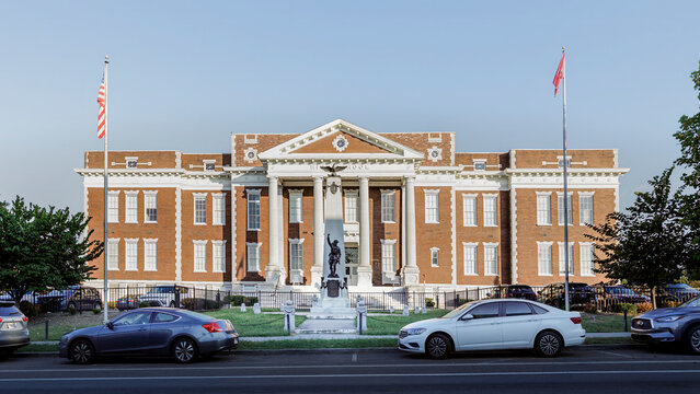 Knoxville, Tennessee, USA-Sept. 22, 2024: Old historic High School building, now apartments.Classical Revival style architecture. East fifth Street. 16 x9 Aspect.