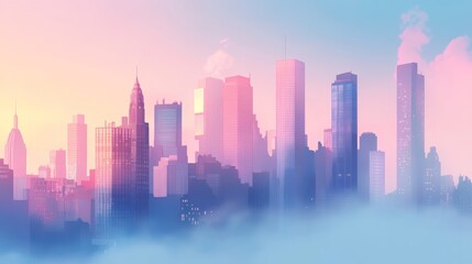 Misty city skyline at dawn with pastel colors illuminating tall buildings in the early morning light