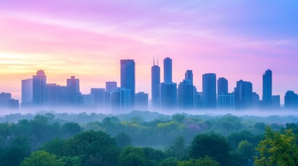 Misty city skyline at dawn showcasing tall buildings with soft pastel colors painting the early morning sky