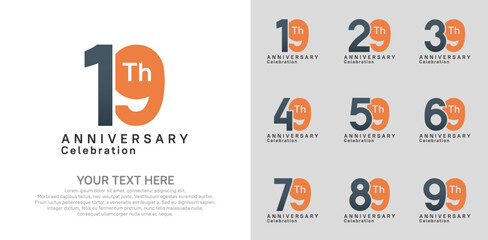 Anniversary logo set vector design, black and orange color for celebration event