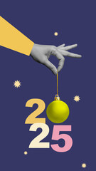 Human hand holding golden christmas ball with number of 2025 with colored background