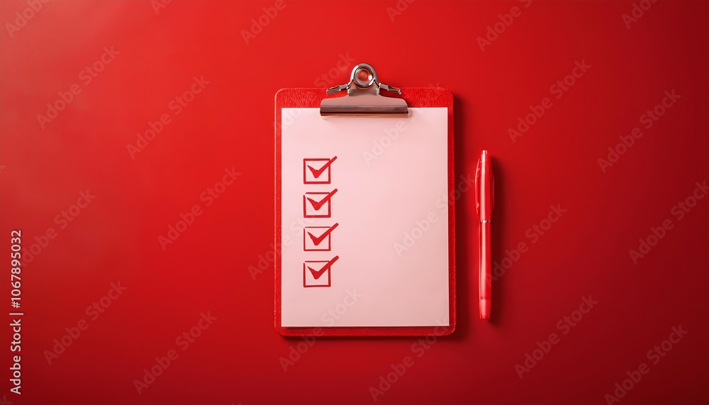 Aufkleber a red clipboard features a checklist with completed items next to a red pen, symbolizing organizatio